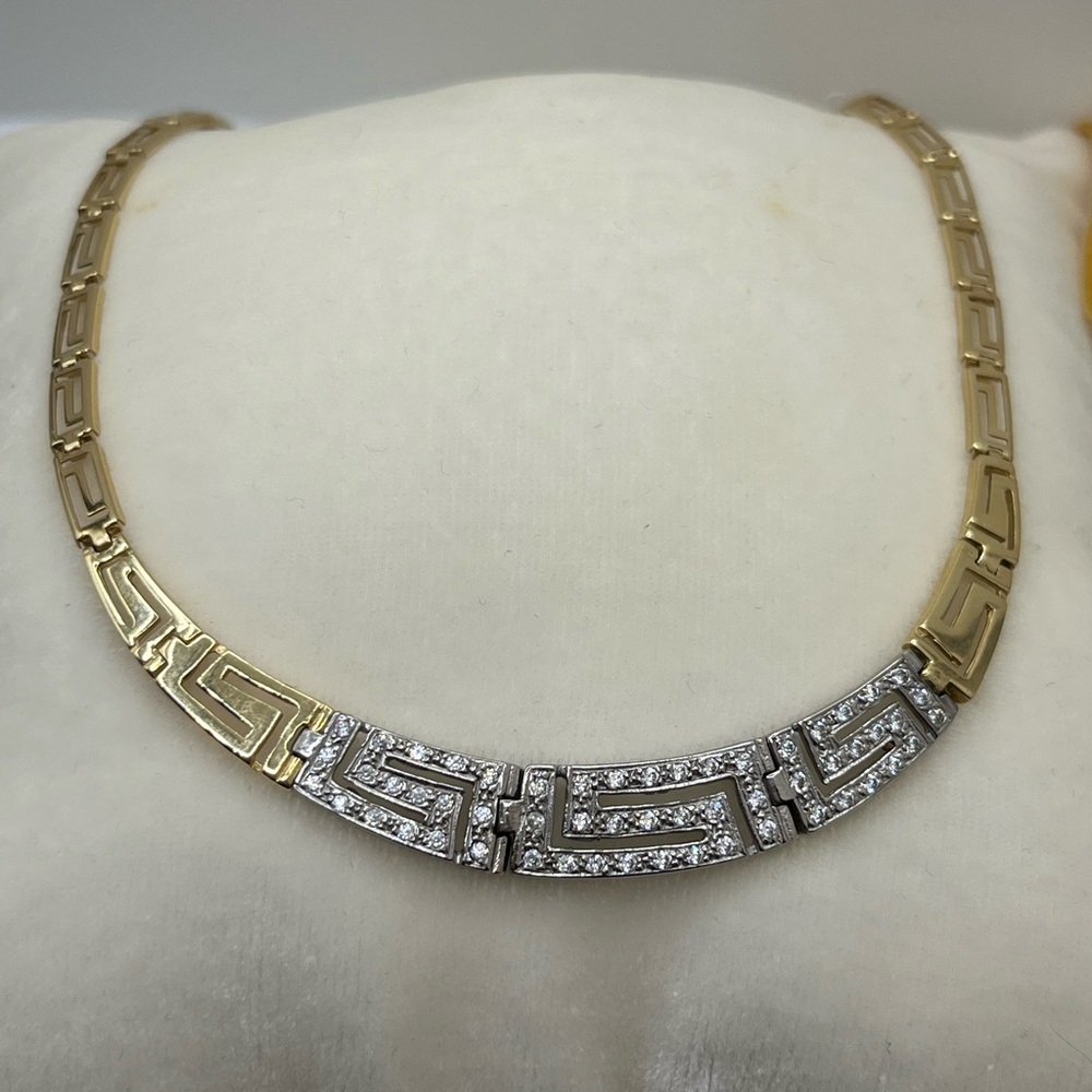 14K Yellow Gold White Gold Two-Tone Cz Greek Key Collar Necklace